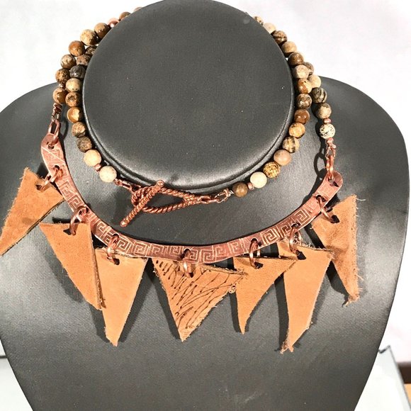 Conceptual Subculture Jewelry - Desert Jasper Gemstone Beaded Boho Solid Copper Necklace Pendant Fringe Leather